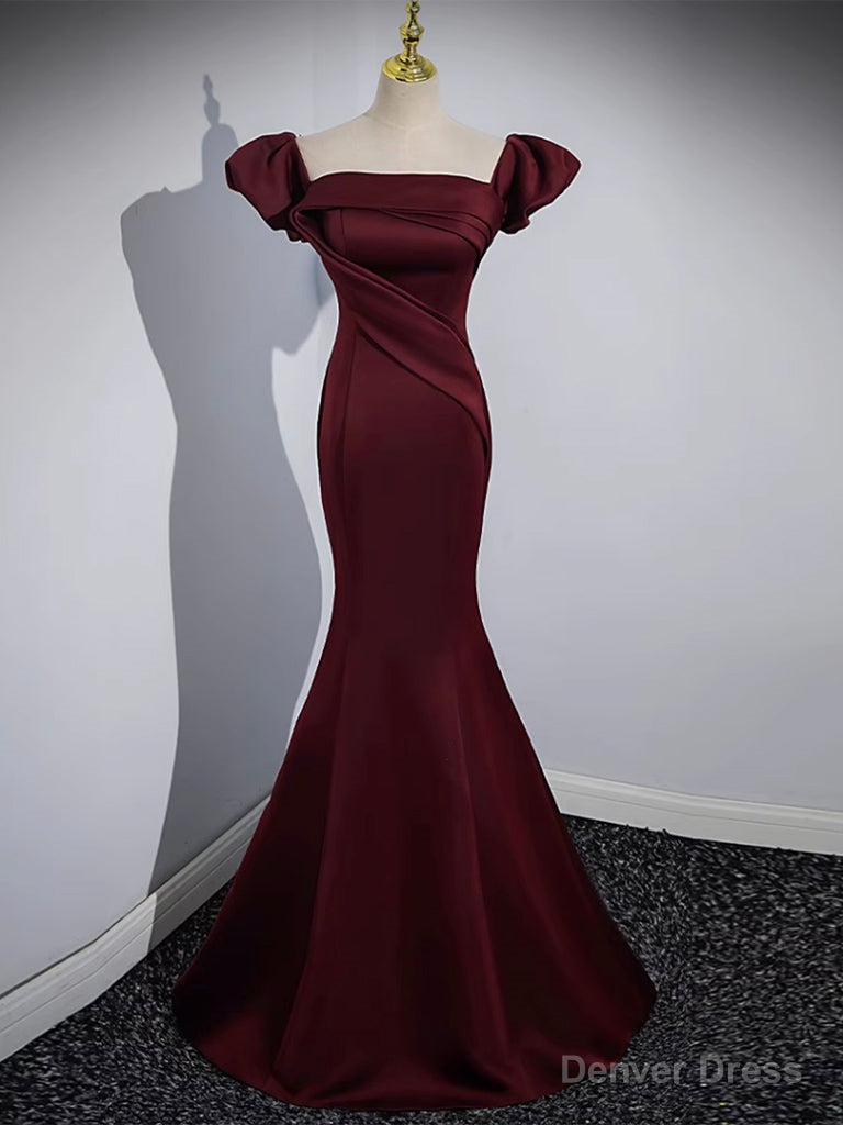 Mermaid off Shoulder Satin Burgundy Long Prom Dress, Burgundy Prom Dresses