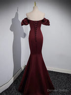 Mermaid off Shoulder Satin Burgundy Long Prom Dress, Burgundy Prom Dresses