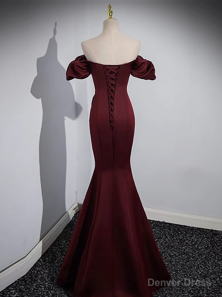 Mermaid off Shoulder Satin Burgundy Long Prom Dress, Burgundy Prom Dresses