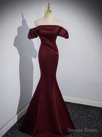 Mermaid off Shoulder Satin Burgundy Long Prom Dress, Burgundy Prom Dresses