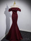 Mermaid off Shoulder Satin Burgundy Long Prom Dress, Burgundy Prom Dresses