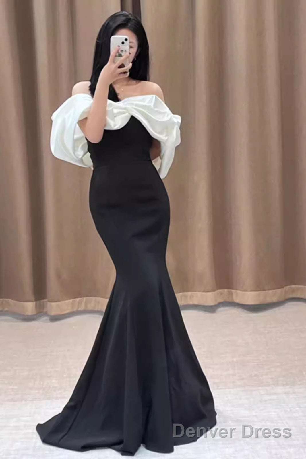 Mermaid Off The Shoulder Black Satin Long Prom Dresses Main image