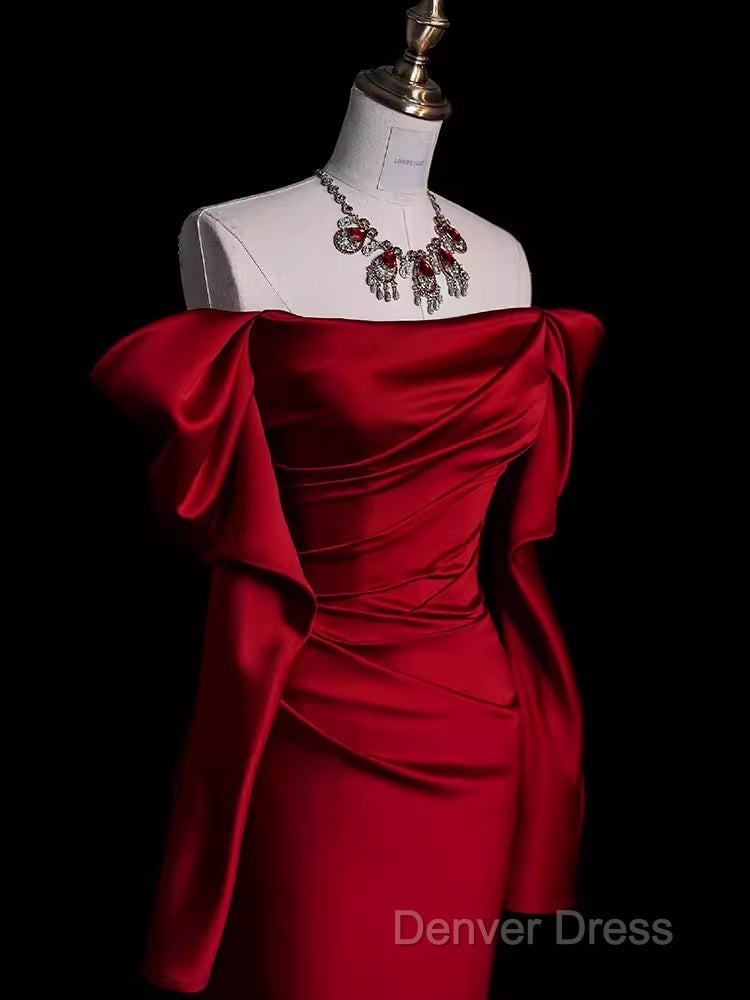 Mermaid Off The Shoulder Burgundy Long Satin Prom Dresses