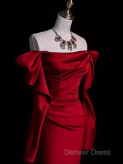 Mermaid Off The Shoulder Burgundy Long Satin Prom Dresses