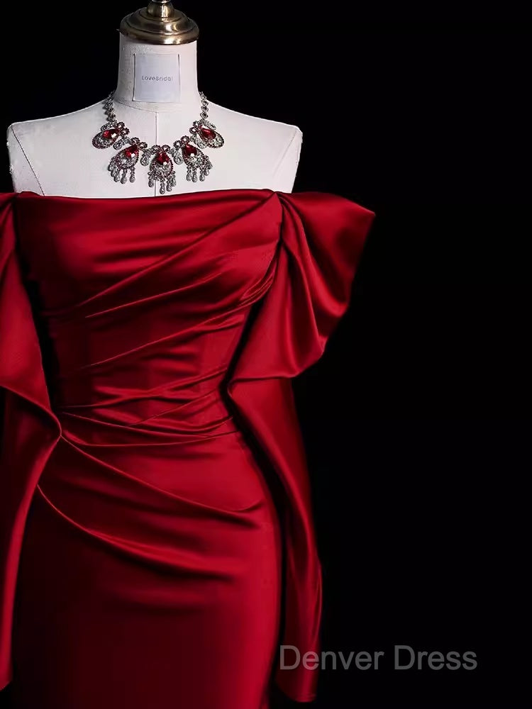 Mermaid Off The Shoulder Burgundy Long Satin Prom Dresses