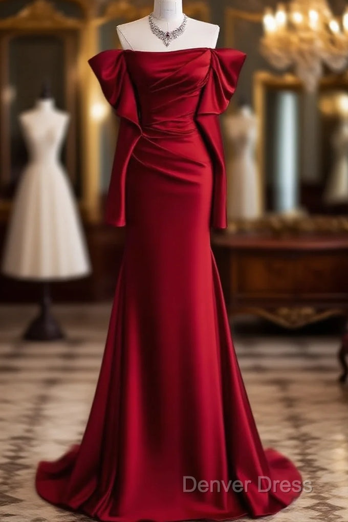 Mermaid Off The Shoulder Burgundy Long Satin Prom Dresses Main image