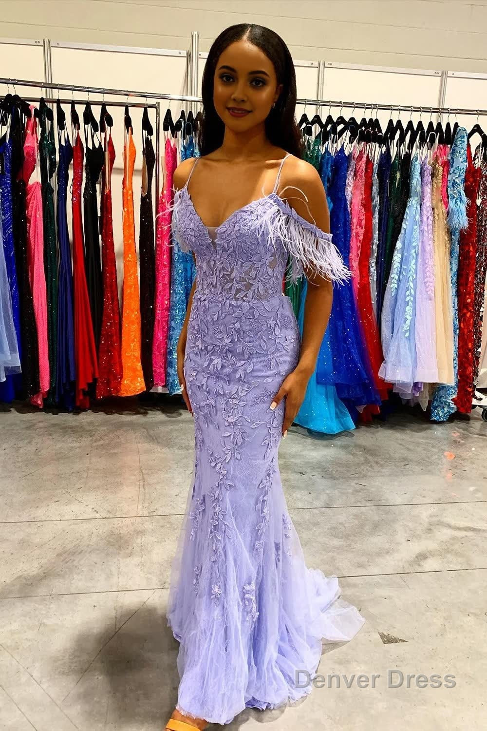 Mermaid Off the Shoulder Lilac Long Prom Dress with Feathers Main image