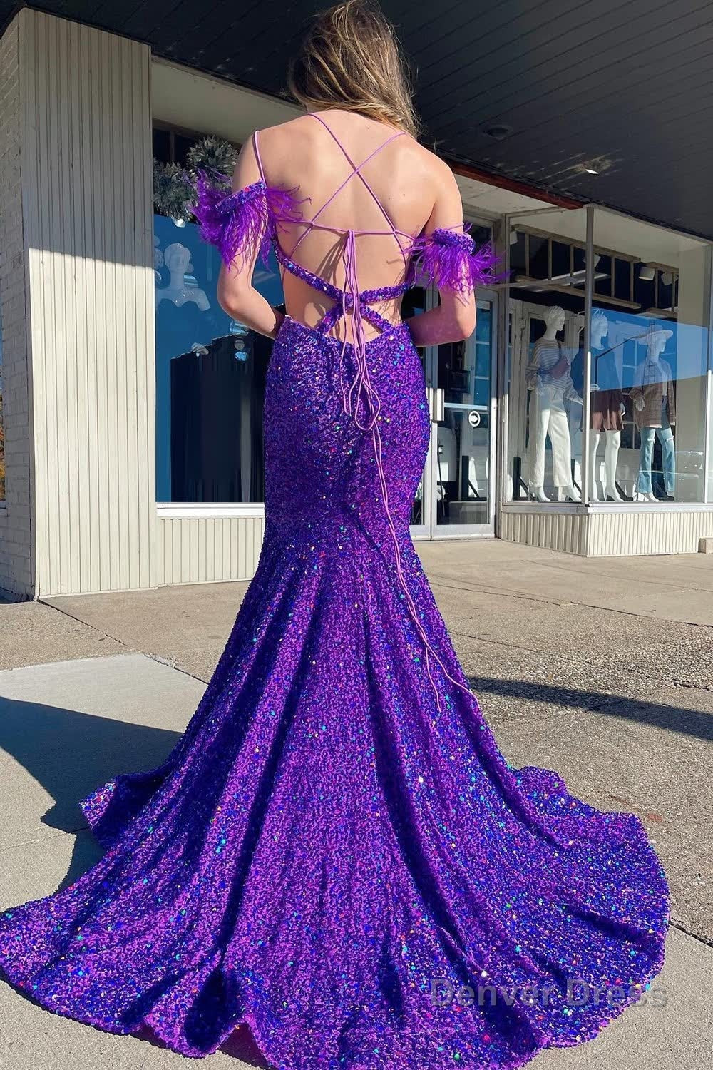 Mermaid Off the Shoulder Purple Sequins Cut Out Prom Dresses with Feathers Secondary image