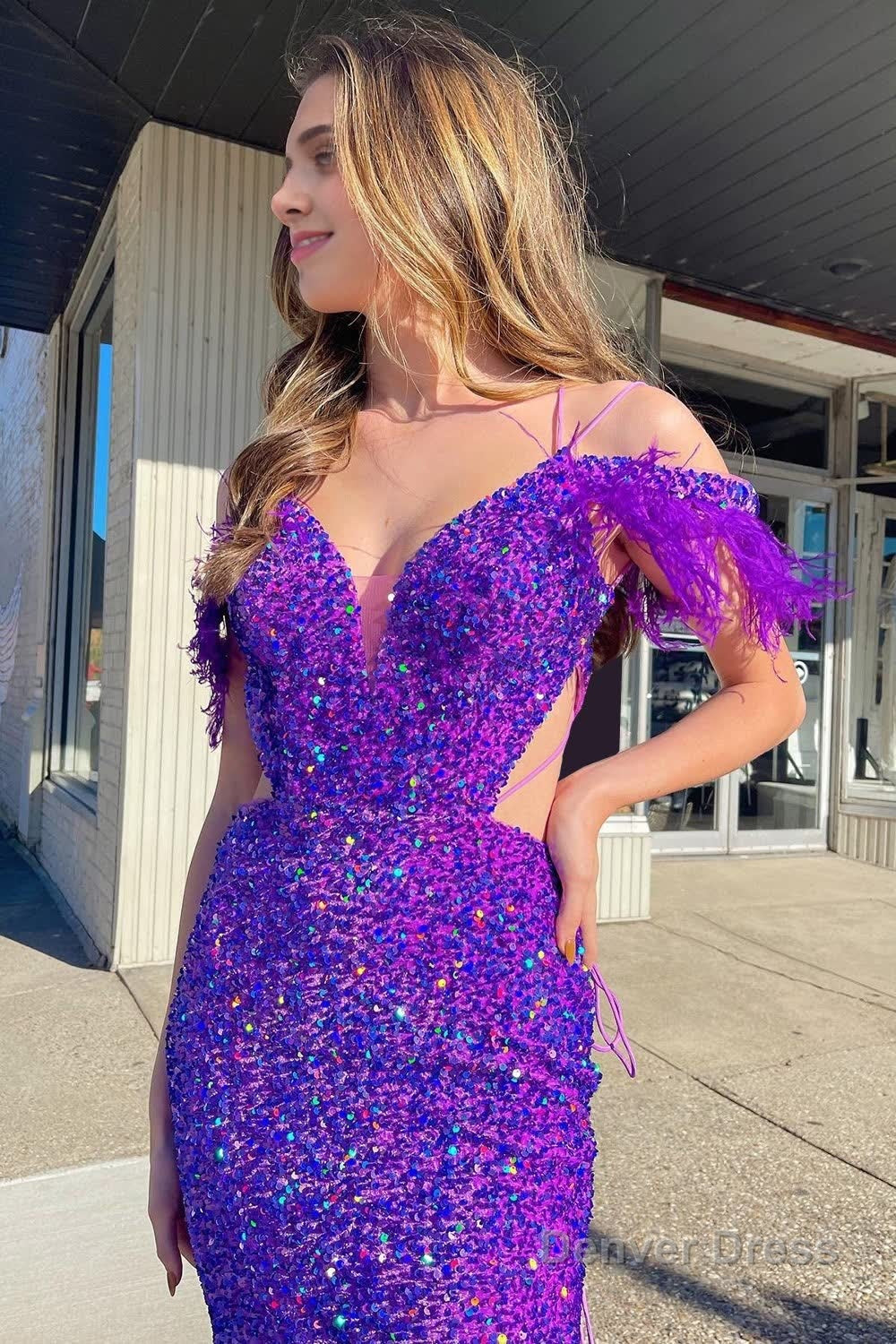 Mermaid Off the Shoulder Purple Sequins Cut Out Prom Dresses with Feathers