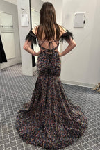 Mermaid Off the Shoulder Purple Sequins Cut Out Prom Dresses with Feathers