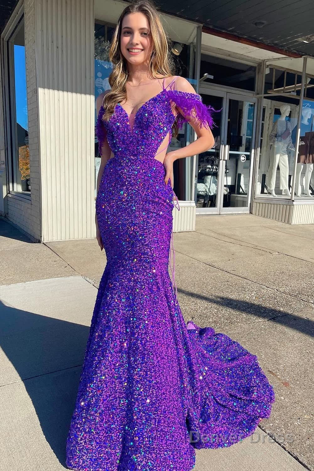 Mermaid Off the Shoulder Purple Sequins Cut Out Prom Dresses with Feathers Main image