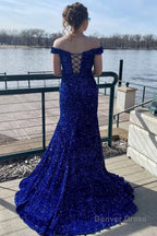 Mermaid Off the Shoulder Royal Blue Sequins Long Prom Dresses with Sweep Train