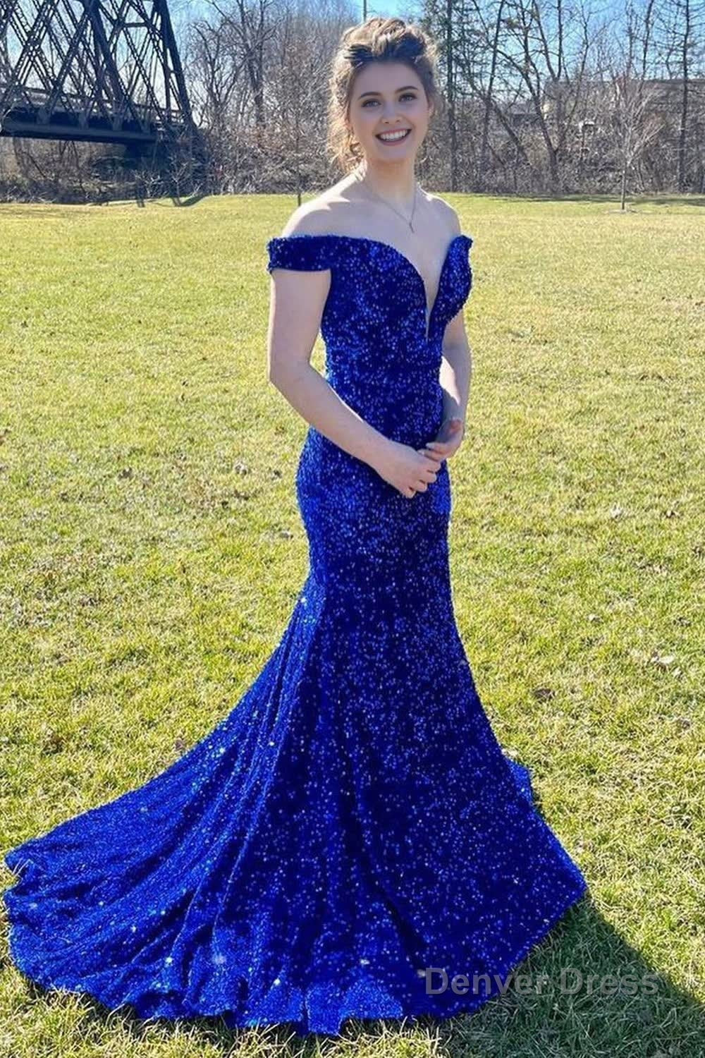 Mermaid Off the Shoulder Royal Blue Sequins Long Prom Dresses with Sweep Train Main image