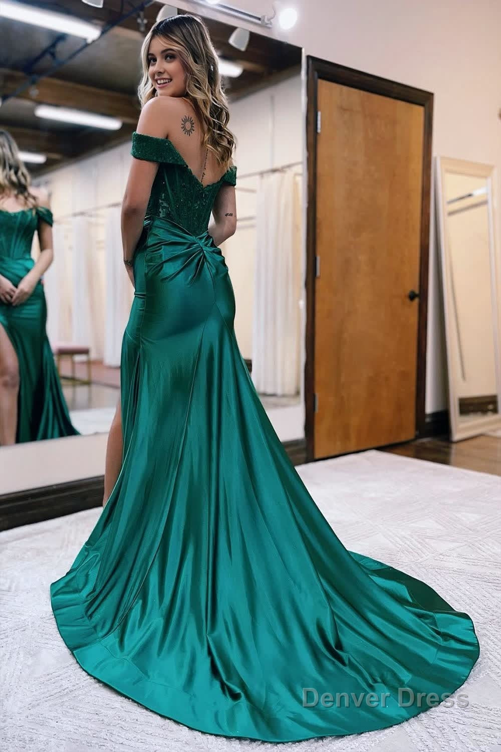 Mermaid Off the Shoulder Satin Prom Dresses with Slit Secondary image