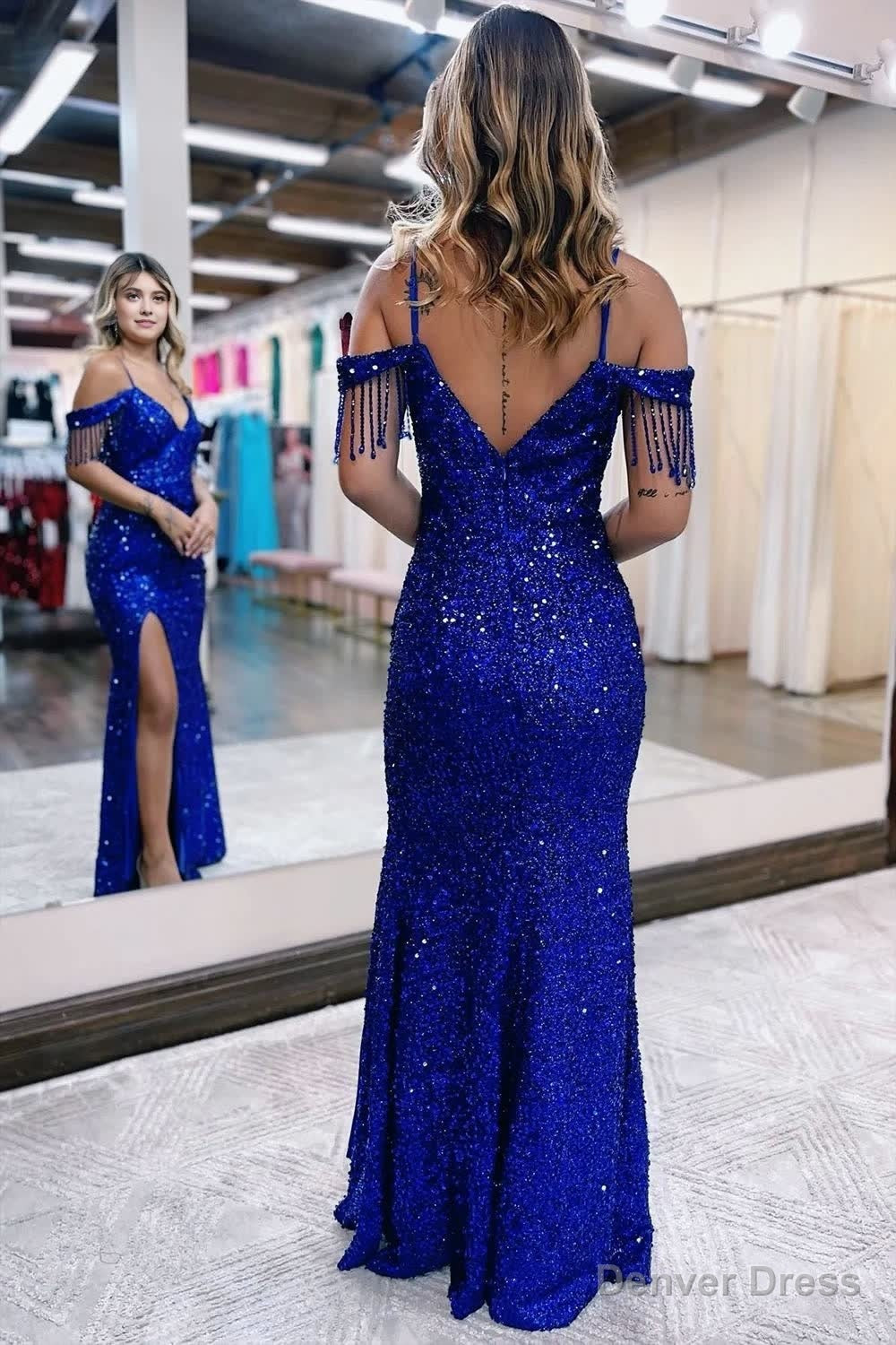 Mermaid Off the Shoulder Sequins Prom Dress with Fringe Secondary image