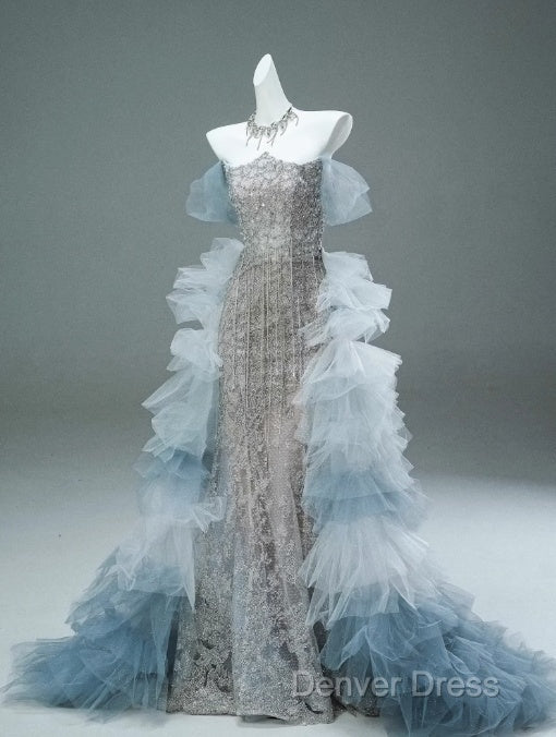 Mermaid Off The Shoulder Tulle Sequin Long Ball Gowns, Elegant Rhinestone Prom Gowns
