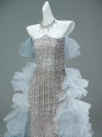 Mermaid Off The Shoulder Tulle Sequin Long Ball Gowns, Elegant Rhinestone Prom Gowns