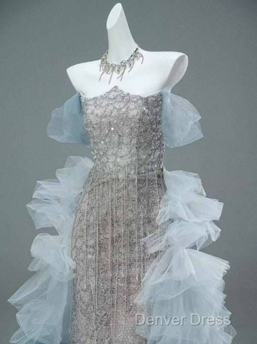 Mermaid Off The Shoulder Tulle Sequin Long Ball Gowns, Elegant Rhinestone Prom Gowns