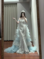 Mermaid Off The Shoulder Tulle Sequin Long Ball Gowns, Elegant Rhinestone Prom Gowns