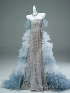 Mermaid Off The Shoulder Tulle Sequin Long Ball Gowns, Elegant Rhinestone Prom Gowns