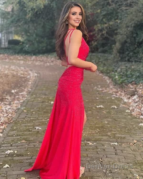 Mermaid One Shoulder Beaded Jersey Prom Dresses with Slit