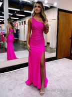 Mermaid One Shoulder Beaded Jersey Prom Dresses with Slit