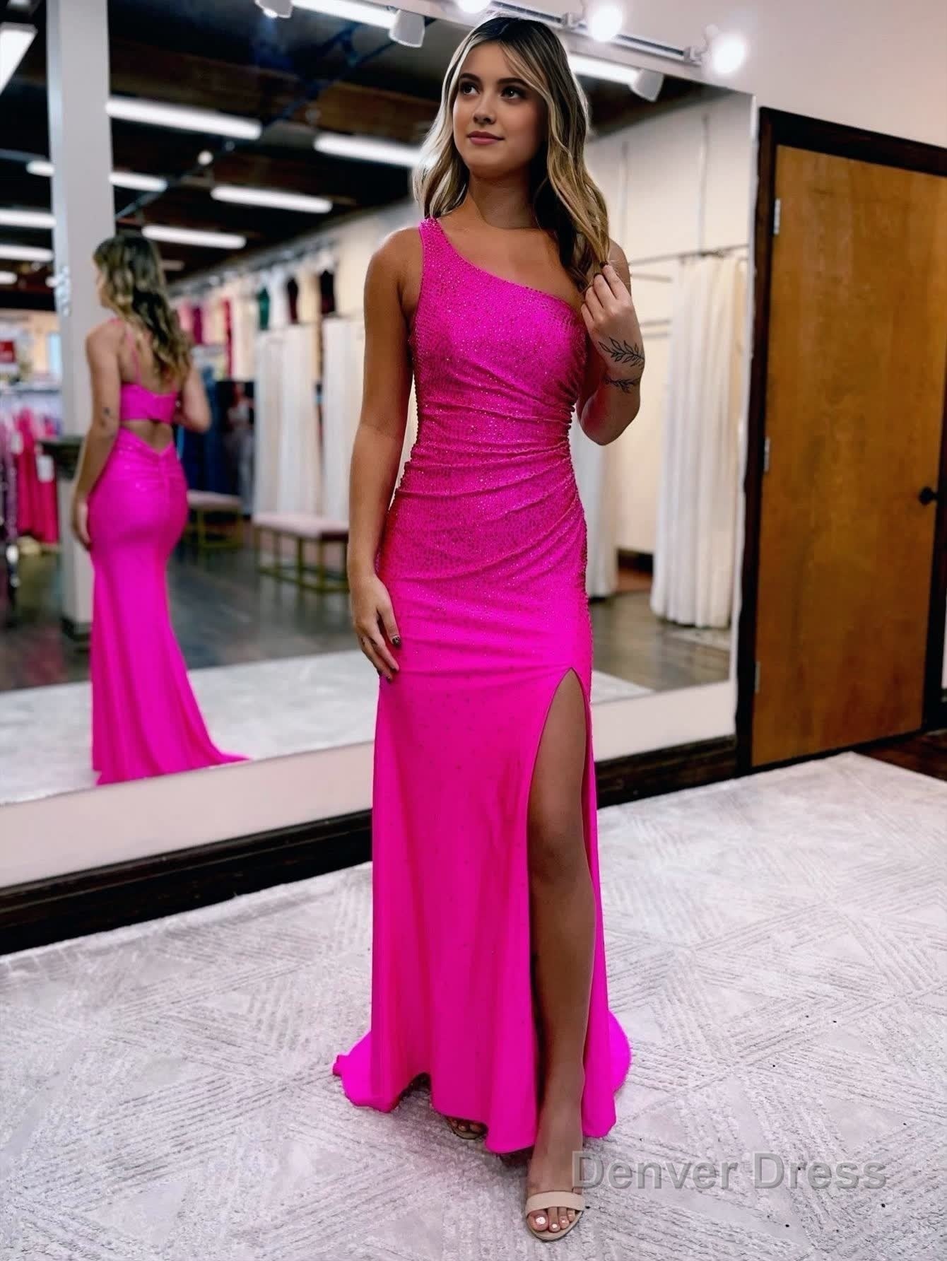 Mermaid One Shoulder Beaded Jersey Prom Dresses with Slit