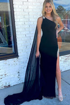Mermaid One Shoulder Black Long Prom Dresses with Split Front