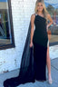 Mermaid One Shoulder Black Long Prom Dresses with Split Front