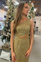 Mermaid One Shoulder Blue Sequins Long Prom Dresses with Split Front