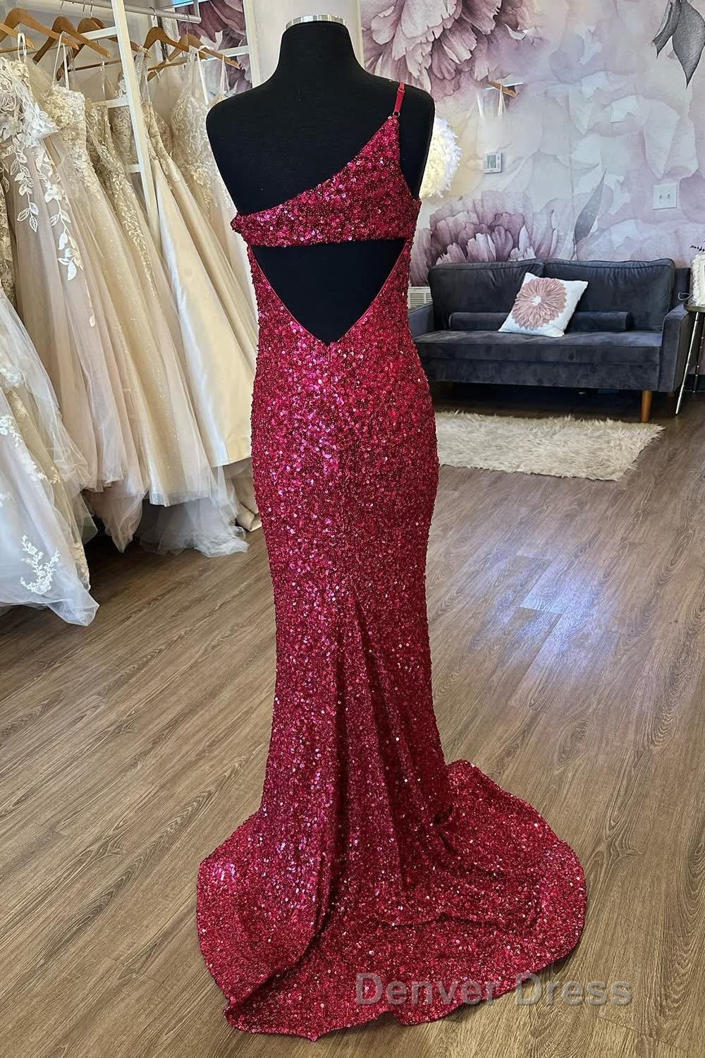Mermaid One Shoulder Burgundy Sequins Long Prom Dresses with Split Front
