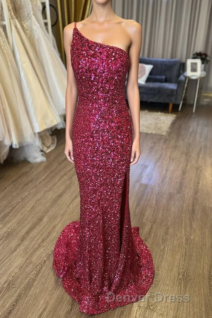 Mermaid One Shoulder Burgundy Sequins Long Prom Dresses with Split Front