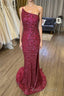 Mermaid One Shoulder Burgundy Sequins Long Prom Dresses with Split Front