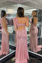 Mermaid One Shoulder Cut Out Black Sequins Long Prom Dress