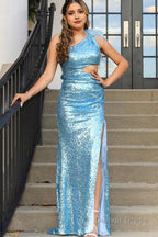Mermaid One Shoulder Cut Out Black Sequins Long Prom Dresses