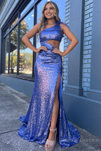 Mermaid One Shoulder Cut Out Black Sequins Long Prom Dress