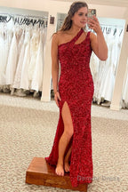 Mermaid One Shoulder Dark Purple Sequins Long Prom Dresses