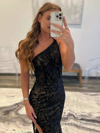 Mermaid One Shoulder Lace Prom Dresses with Silt