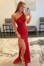Mermaid One Shoulder Lace Prom Dresses with Silt