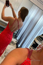 Mermaid One Shoulder Lace Prom Dresses with Silt