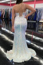 Mermaid One Shoulder Light Blue Sequins Long Prom Dresses with Silt