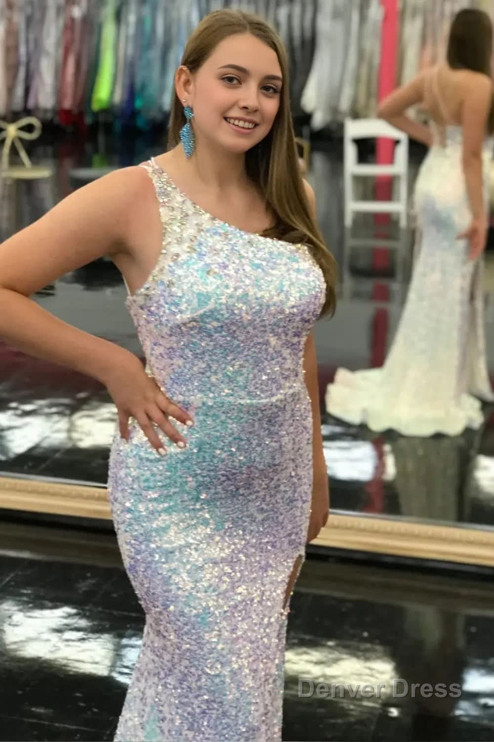 Mermaid One Shoulder Light Blue Sequins Long Prom Dresses with Silt
