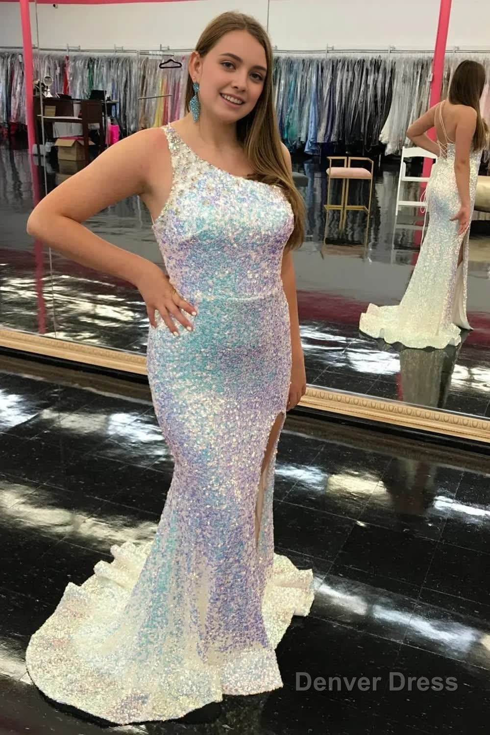 Mermaid One Shoulder Light Blue Sequins Long Prom Dresses with Silt