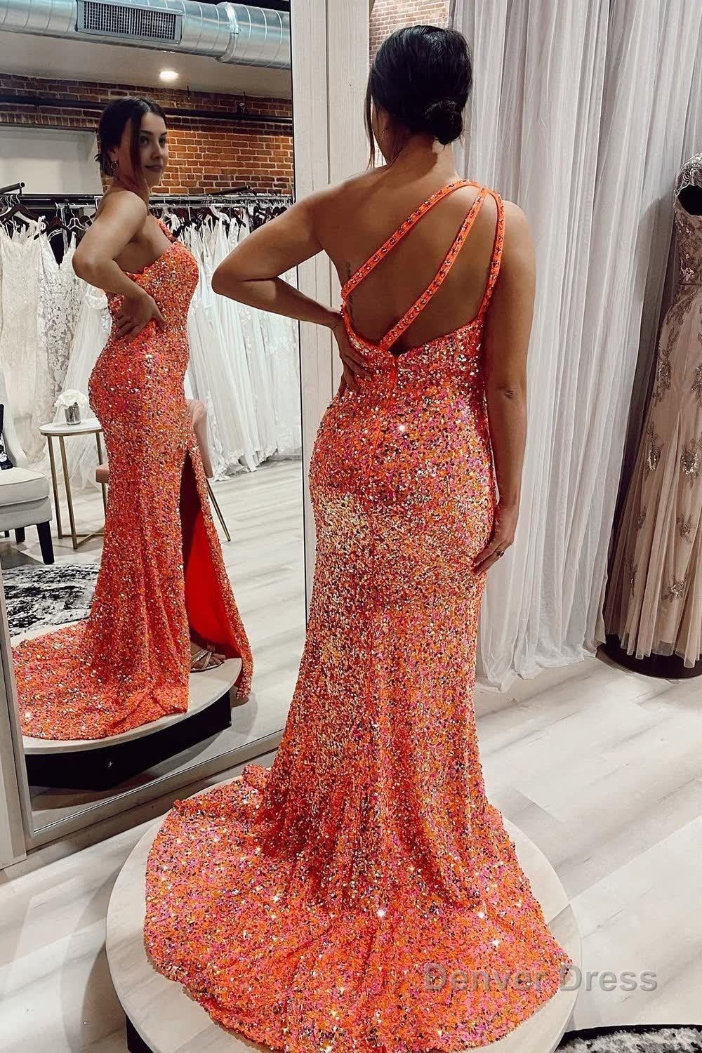 Mermaid One Shoulder Orange Sequins Long Prom Dress with Split Front Secondary image