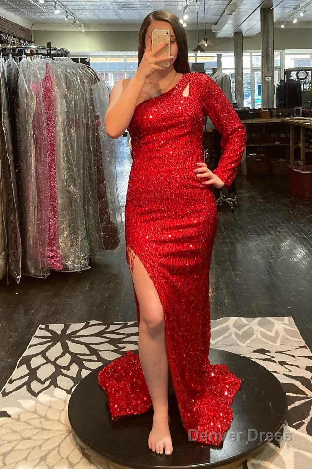 Mermaid One Shoulder Red Sequins Long Prom Dress with Silt Main image