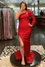 Mermaid One Shoulder Red Sequins Long Prom Dresses with Silt