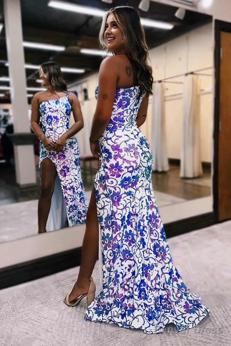Mermaid One Shoulder Sequin Appliques Long Prom Dresses with Slit Secondary image