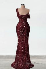 Mermaid One Shoulder Slit Sequin Prom Dresses