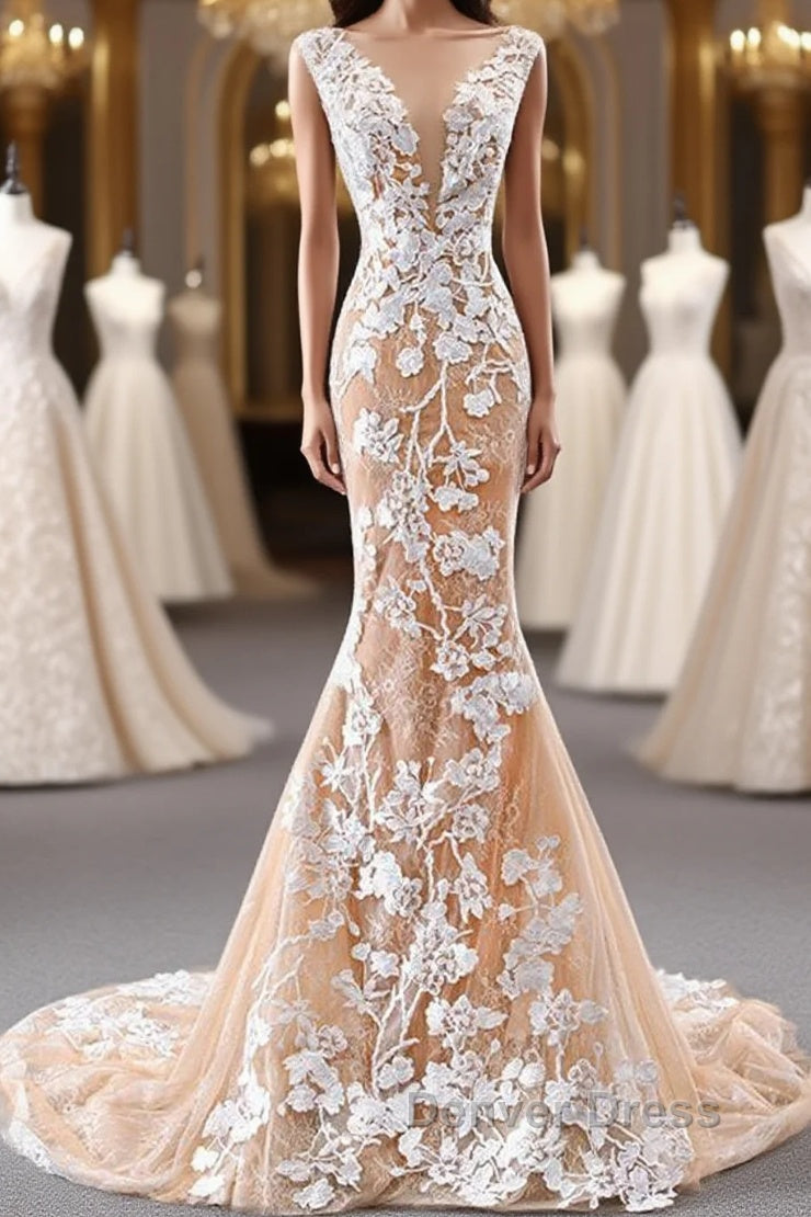 Mermaid Open Back Champagne Lace Long Prom Dress, Champagne Lace Prom Dress, Champagne Prom Dresses