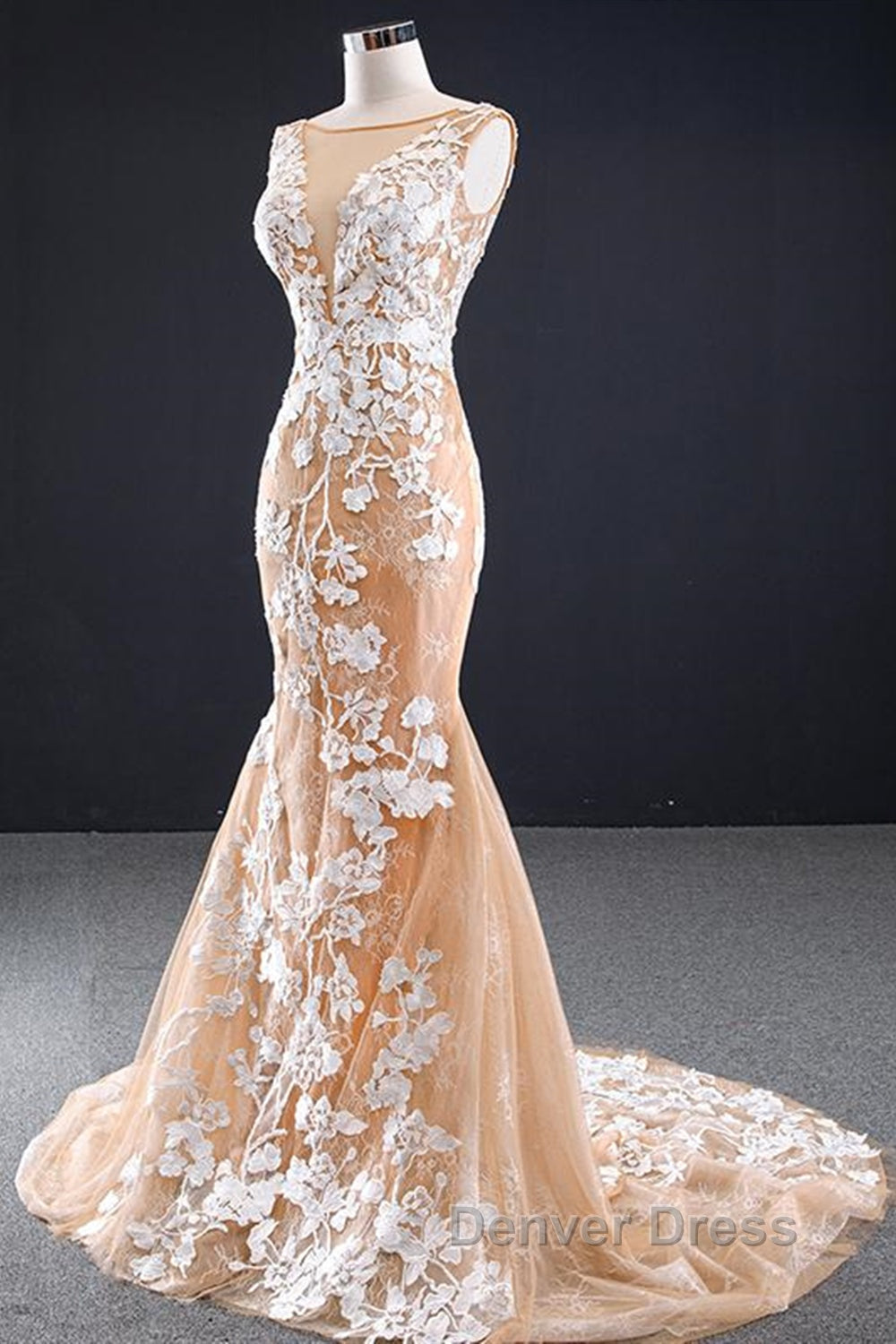Mermaid Open Back Champagne Lace Long Prom Dress, Champagne Lace Prom Dress, Champagne Prom Dresses